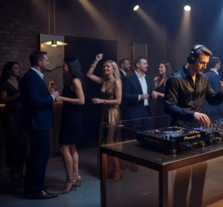 Modern DJ pult és táncoló vendégek éjszakai fények között.