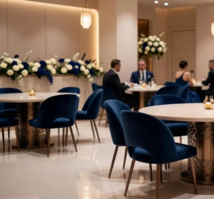 Elegáns, modern belső tér éjszakai eseményhez megterítve