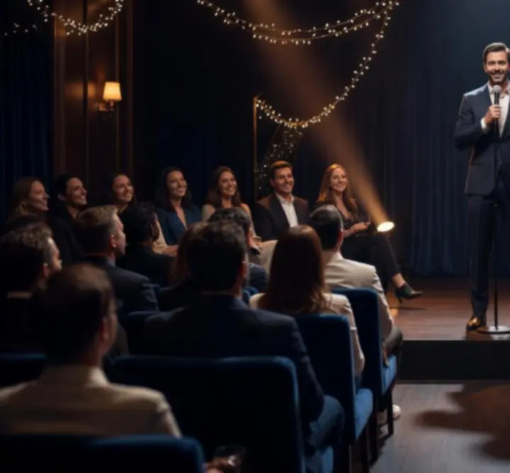 Stand-up színpad reflektorokkal és nevető közönséggel